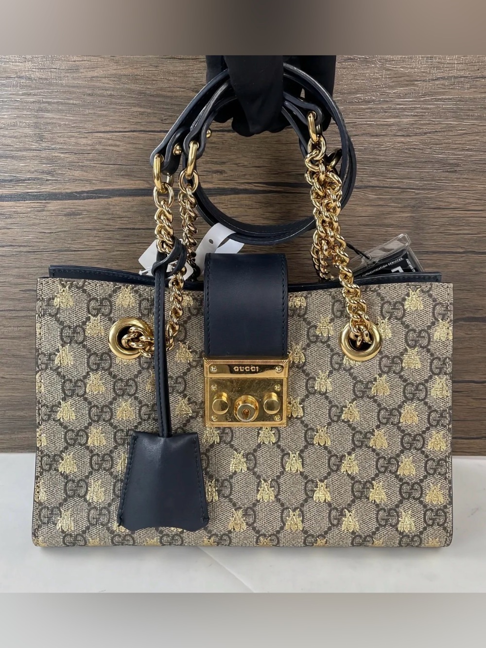 GUCCI Monogram GG Supreme Bee Canvas Shoulder Bag Black Leather Gold Hardware